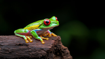 photo of a red-eyed tree frog on the side of an ancient, dark wooden log