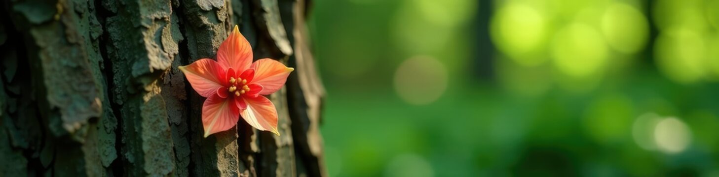 the delicate shape of a jambo flower contrasts with the rough bark of a tree, contrasting, greenery, blossoms