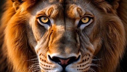 Ferocious lion staring intently with bared teeth