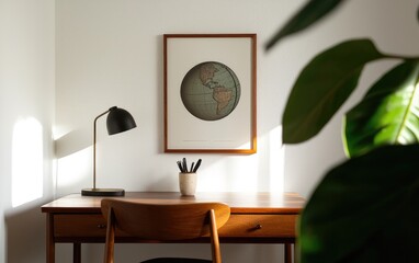 A home office desk features a world map print, dark wood, and a green plant. Sunlight fills the room through a nearby window, creating a cozy atmosphere
