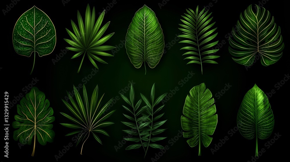 Poster Collection of green leaves with some of them having gold accents. The leaves are arranged in a row and are all different sizes