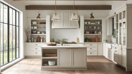 Fototapeta premium Bright kitchen island, white cabinets, farmhouse style, open shelving, natural light