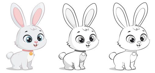 Obraz premium Cute vector illustration of a rabbit in color and two outline versions, based on an AI-generated reference and fully redrawn from scratch in vector format. 