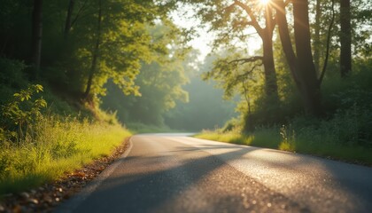 Obraz premium Road through sun-dappled forest, winding asphalt, sunlight filtering through leaves, green foliage, early morning light.
