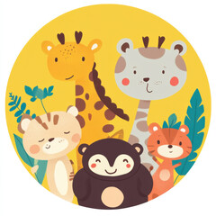 Naklejka premium animals, icon, wild , forest, characters, child, children , cute, concept art, baby, baby room, toddler, paint , wall, 