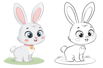 Obraz premium Cute vector illustration of a rabbit in color and outline versions, based on an AI-generated reference and fully redrawn from scratch in vector format. 