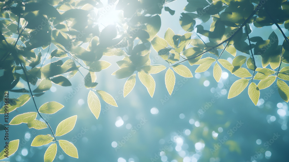 Poster sunlight filtering through lush green leaves creating a beautiful natural scene with intricate patte