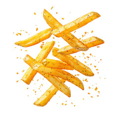 isolated transparent Background. Crispy golden fries falling in mid air with rich textures and flavors