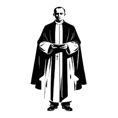 Black and White illustration of a Priest in traditional vestments standing in solemn posture during a religious ceremony