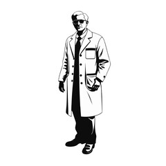 Obraz premium Scientist in a white lab coat with sunglasses poses confidently against a minimalist backdrop in a professional setting