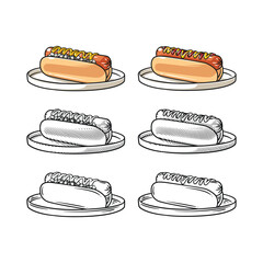 Hotdog on a Plate: Line Art, Engraving, and Full Color Illustration