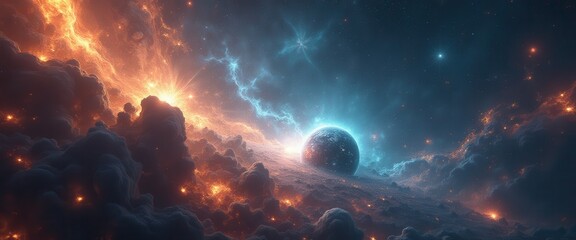 Fototapeta premium Fantastic cosmic landscape with a planet surrounded by clouds and nebulae, glowing with orange and blue lights, showcasing the bea