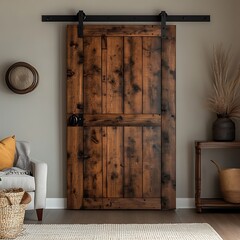 Dark brown wooden sliding barn door.