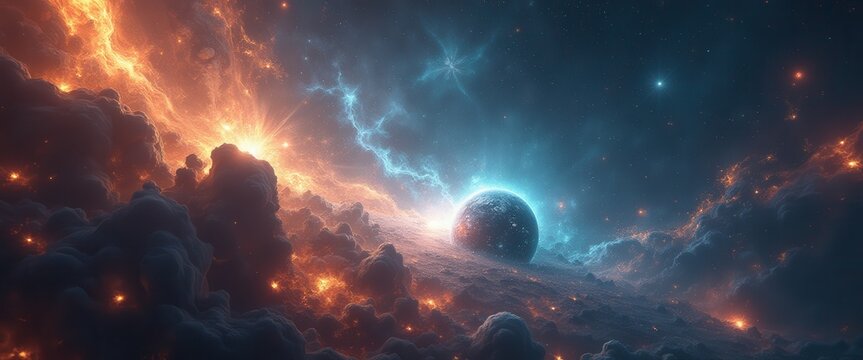 Fantastic cosmic landscape with a planet surrounded by clouds and nebulae, glowing with orange and blue lights, showcasing the bea