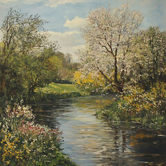 Beautiful spring landscape with river, trees and flowers. Digital painting.