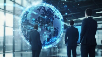 Businessmen View Futuristic Global Network in Modern Office