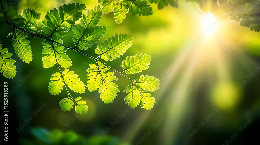 Poster detailed tree branch with sunlight shining through green foliage creating a nature-inspired fractal 