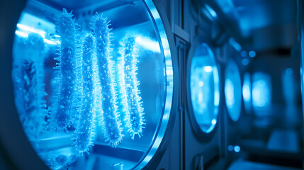 Sterile biocontainment chamber holding new form of synthetic bacteria softly glowing with futuristic blue tint clean. Tinted Glows. Illustration