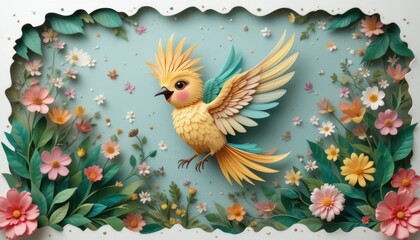 Obraz premium Delightful Yellow Bird in Paper Flower Garden Springtime Nature Art