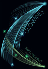 Abstract vertical template with  beams of glowing rays on the dark blue background