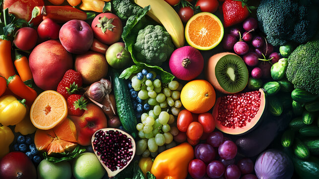 Variedad de frutas y verduras frescas en colores vibrantes. Tinted Glows. Illustration