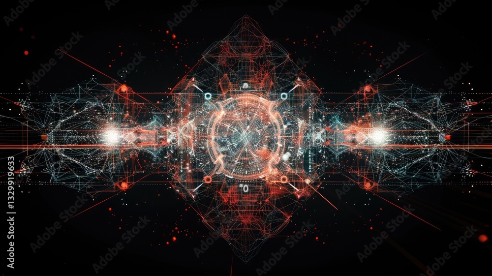 Poster this image showcases an abstract visualization of artificial intelligence data, featuring intricate 