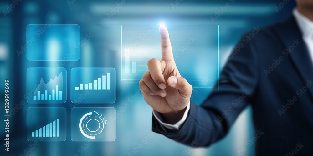 Poster corporate communication public relations digital concept. a businessman interacting with digital dat