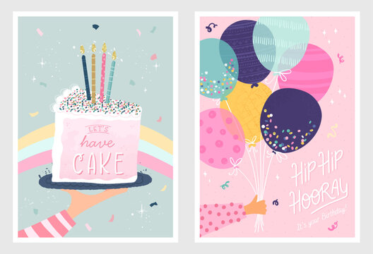 Set of birthday postcards with confetti, balloons, cake and hand writing. Invitations, happy birthday. Vector templates great for card, poster, flyer or banner