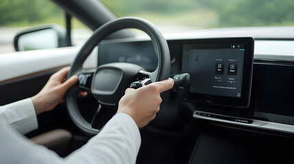 Driver Unlocking Electric Vehicle's Intuitive Dashboard Interface for Seamless Entry
