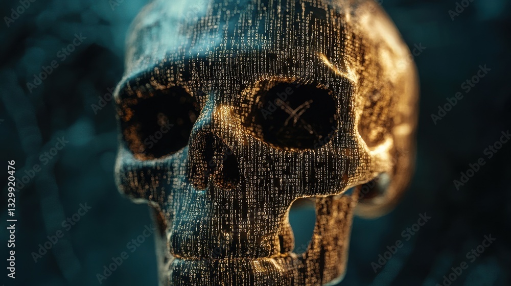 Poster digital human skull concept with binary code texture