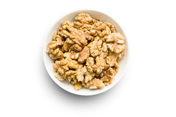 Top view of shelled walnuts into bowl, isolated on transparent background. PNG Image.
