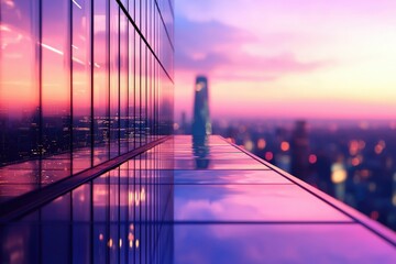 Obraz premium Stunning sunset view from a skyscraper's rooftop, reflecting city lights and vibrant sky.