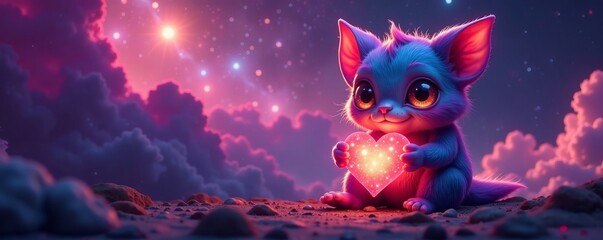 A cute blue creature holding a glowing heart under a starry sky.