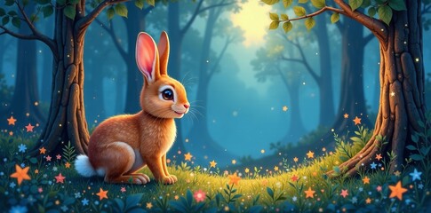 A cute rabbit in a magical forest setting with glowing lights and flowers.