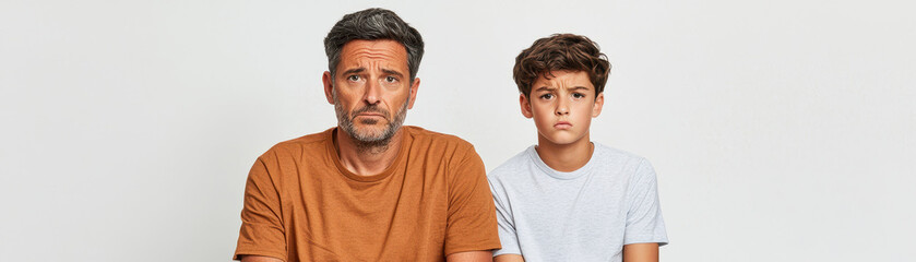 Obraz premium A father and son sit together, conveying deep emotions in a simple setting.