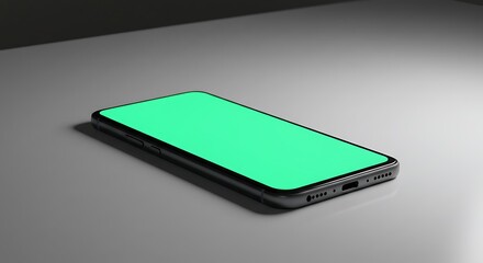 Isolated Smartphone Mockup with Green Screen Display on a Grey Surface