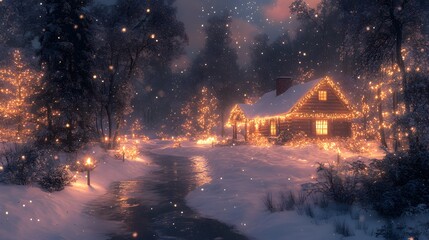 Cozy Cabin Surrounded by Snow and Holiday Lights Creating a Wintery Atmosphere – Generative AI