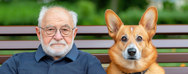 Senior man sitting on park bench with corgi dog with large ears. Pet adoption for seniors, companion animal programs, retirement lifestyle