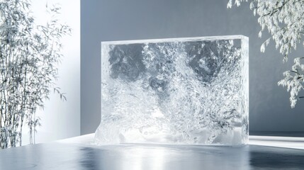 Clear Ice Block on Reflective Surface with Snowy Branches