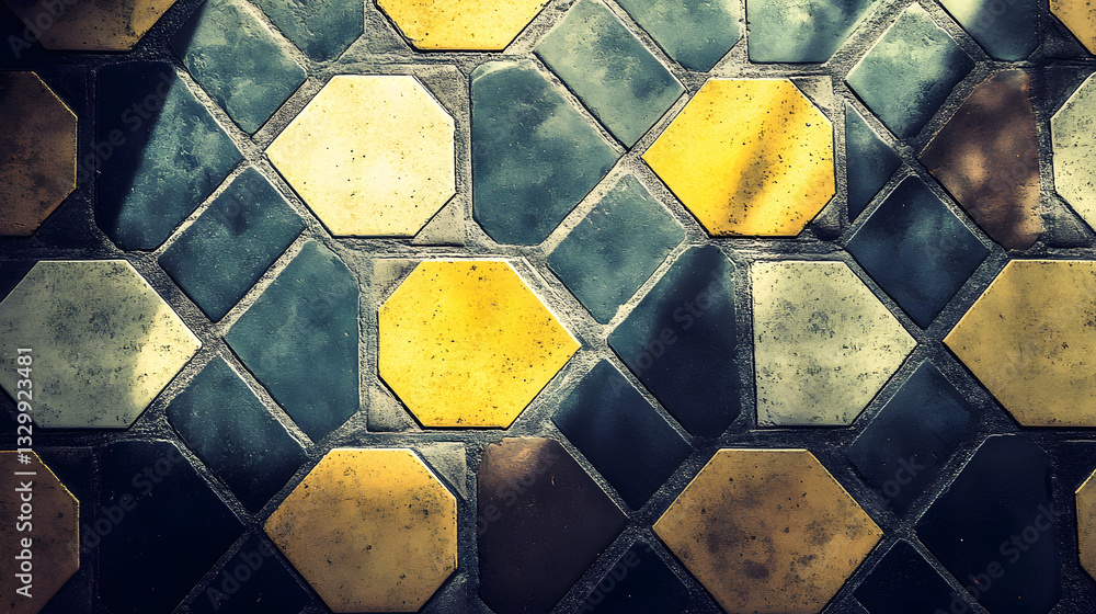 Poster eye-catching tiled wall featuring a striking yellow and black pattern in an octagonal grid design cr
