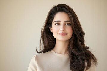 Fototapeta premium A portrait of a confident woman with flowing hair and a gentle smile against a neutral background.