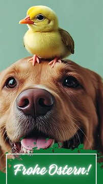 lustige Osterkarte mit Feiertagsgr&uuml;&szlig;en: ein Hund und ein gelber Vogel auf seinem Kopf; Nachricht: Frohe Ostern auf gr&uuml;nem Hintergrund