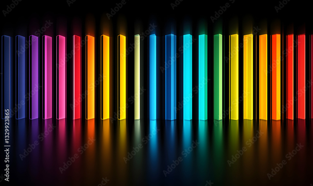 Poster colorful rectangular objects glowing with reflections on a dark surface