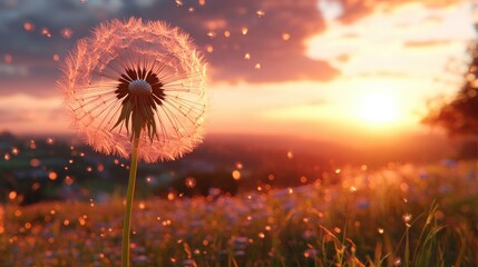 Dandelion Seeds Blowing in Sunset Field