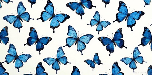 Naklejka premium A vibrant display of blue butterflies creating a stunning pattern on a white background.