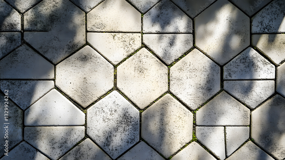 Poster captivating stone floor showcasing shadows created by natural light in an elegant octagonal grid pat