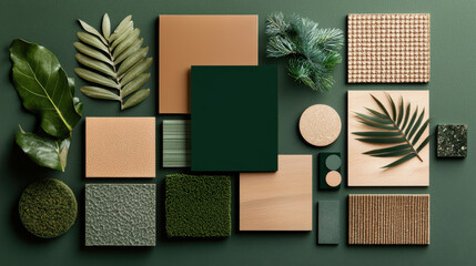 A vibrant arrangement of foliage and textures showcasing natural materials and greenery.