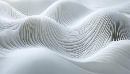 A 3D-rendered abstract wallpaper background featuring intricate white wavy lines, creating a fluid, undulating texture. Minimalist and modern design with soft curves, light shadows