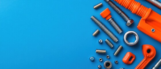 Assortment of Metal Fasteners and Tools on Blue Background