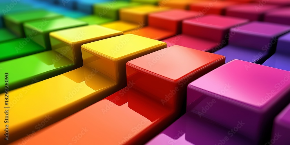 Fototapete Colorful image of blocks in various shades of red, yellow, and blue. The blocks are arranged in a way that creates a sense of depth and dimension. The image conveys a feeling of creativity
